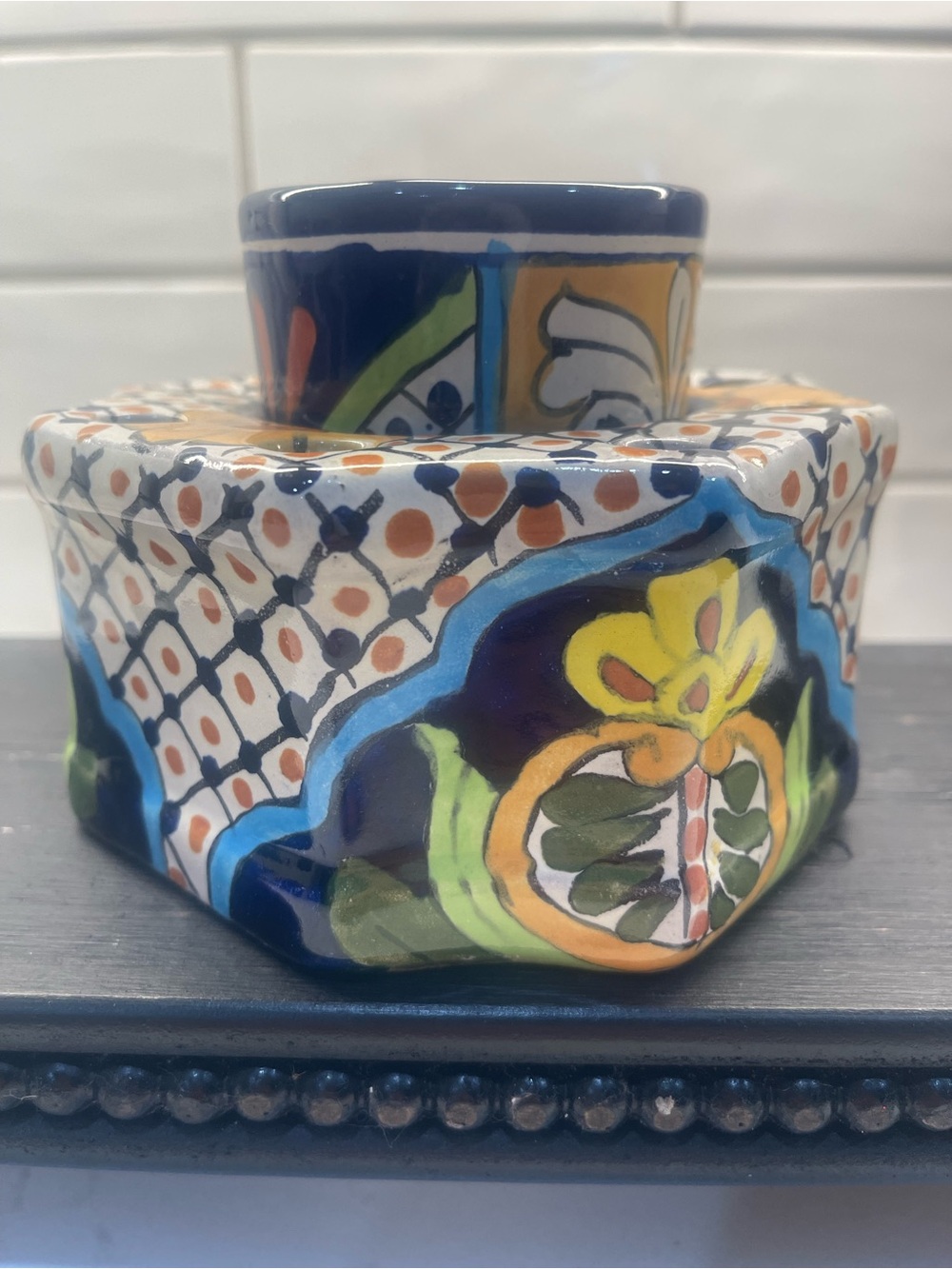 Vintage Mexican Talavera Toothbrush Holder and Cup-Hand Painted